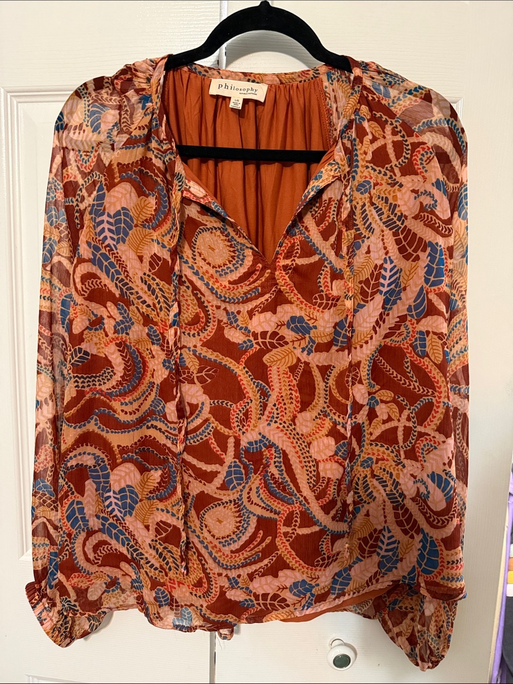 Philosophy Rust Multi-Leaf Print V-Neck Blouse